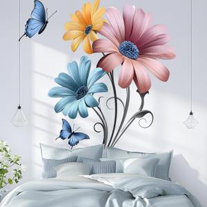 Rustic Floral Wall Decals, Large Colorful Daisy and Butterfly Removable Wall Art - Self-Adhesive Vintage Garden Decor for Living Room, Bedroom, Nursery, Home Office
