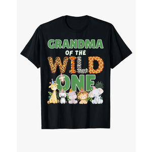 Grandma of The Wild One 1st Birthday Safari Animals Family T-Shirt, M, Black