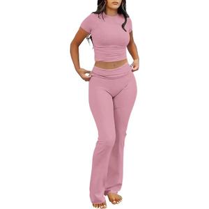 AYWA Women's 2 Piece Lounge Sets Short Sleeve Crop Top Foldover Flare Pants Casual Pajama Outfits (Pink) S