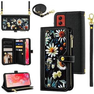 Floral Wallet Case for Motorola Moto G Stylus 5G 2024 with Wrist Strap Shoulder Strap Flip Zipper Purse, Luxury PU Leather Credit ID Card Holder Stand Accessories Phone Cover for G5 Women Black