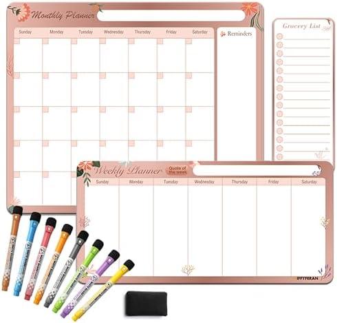 Magnetic Calendar for Fridge – Family Command Center with Monthly, Weekly & Grocery Boards – Dry Erase Whiteboard Set with 8 Markers & Eraser – Organize Meals, Chores & Schedules