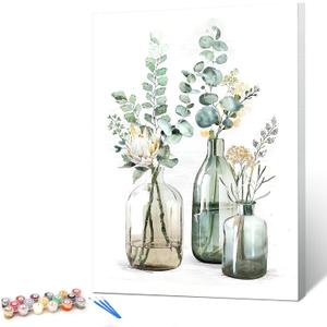 Ginkko Paint by Numbers Kit for Adults Beginner & Kids Ages 8-12 with Wooden Frame Easy Acrylic on Canvas 12x16 inch with Paints and Brushes, Bottle Flower (Include Framed)