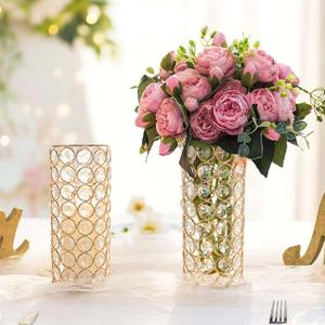 Elegant Crystal Column Vase/Pillar Candle Holder Set, Cylinder Flower Display Tabletop Centerpiece for Weddings & Home Decor (2, Gold)