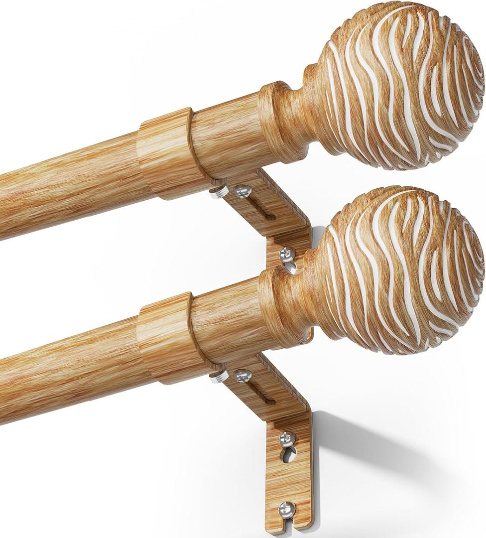 2 Pack Wood Curtain Rods for Windows 32 to 150 Inch(2.6-12.5ft), 1 Inch Heavy Duty Curtain Rod, Adjustable Boho Decorative Curtain Rods, Easy Install,Wall Mount (Imitation Wood Grain,32"-150")