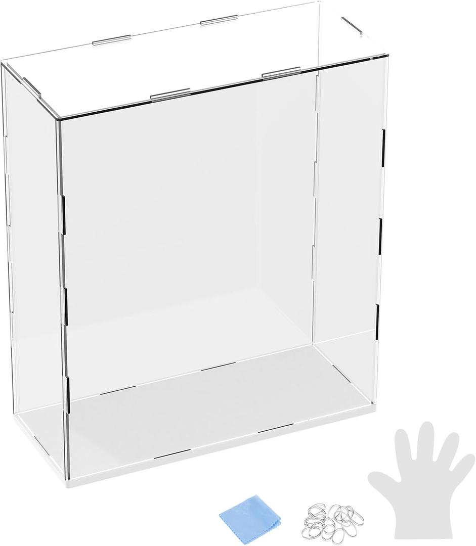 1-Pack Acrylic Display Case, 9.8x3.9x11.8 Inch/25x10x30cm Acrylic Clear Display Case Box with Black Wooden Base for Collectibles, Dustproof Showcase [White, Clear]