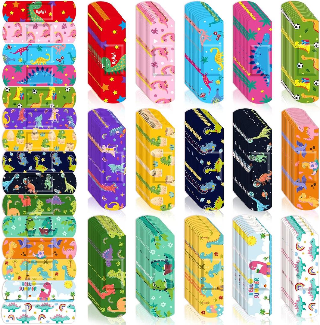 Estune 300 Pcs Kids Bandages Bulk Dinosaur 15 Styles Fun Valentines Classroom Gifts for Children Adhesive Colorful Flexible Cartoon Dinosaur Bandages Variety Pack for Kids Boys Girls Students School