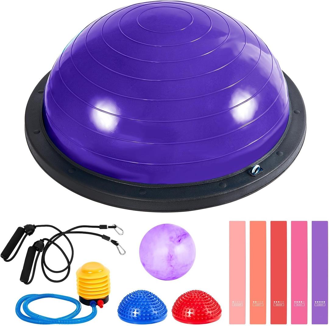 Honoson Half Ball Trainer Yoga Ball with Resistant Band Foot Pump Set, Half Exercise with Fitness Elastic Belt Hedgehog Balance Pods for Core Stability Full Body Workout Gym (23.2 Inch, Purple)