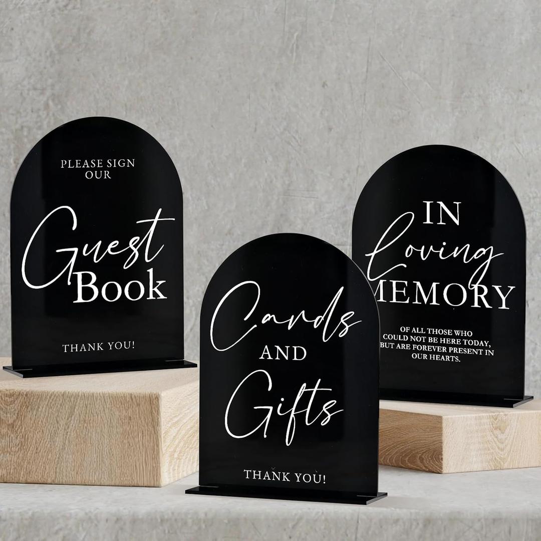 Set of 3 Black Acrylic Wedding Signs for Reception, 5"x7" Black Arch Acrylic Sign and Stand,1/8" Thick Modern Font TableTop Reception Sign for Wedding & Party Event (Cards&Gifts+Guestbook+In Loving Memory Sign, 5"x7")
