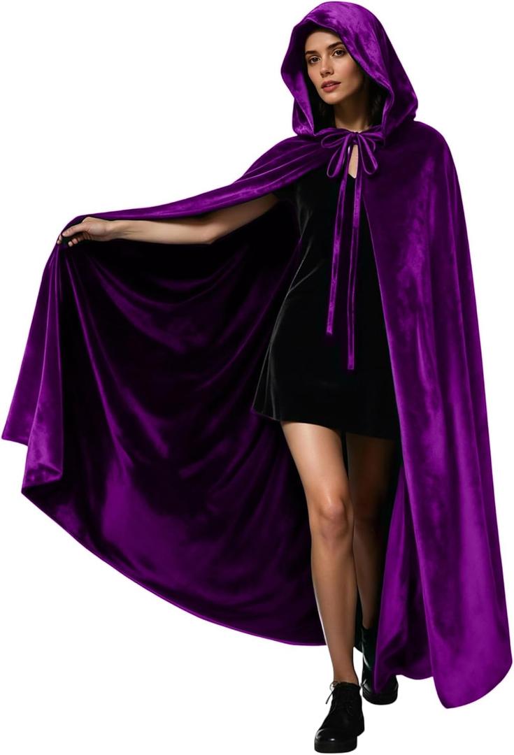 Velvet Hooded Cloak for Adults Full-Length Medieval Cape with Oversized Hood for Halloween Cosplay Gothic Wizard (Purple, L)
