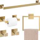 TQKAG Brushed Gold Bathroom Hardware Accessories Set 5 Pieces, Double Post Pivoting Toilet Paper Holder Set Stainless Steel Square Bathroom Towel Bar Holder Set Wall Mounted