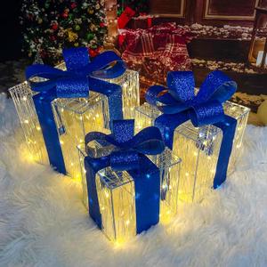 Christmas Decorations, Purtuemy Set of 3 Christmas Lighted Gift Boxes 140 LED Light up Present Ornament for Tree Indoor Outdoor Yard Holiday Door,Warm White (blue)