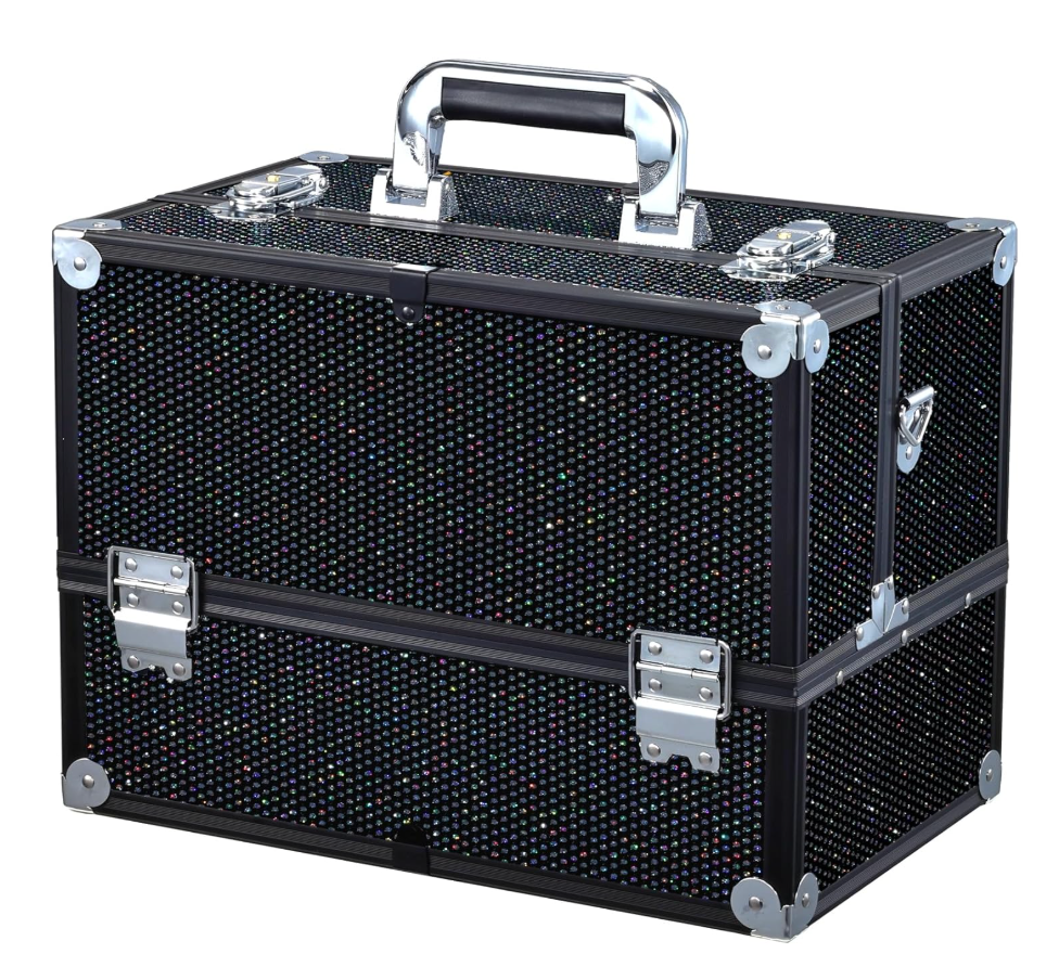 Joligrace Makeup Train Case Large 6 Tray Professional Organizer Box - Cosmetic Make Up Carrier with Lock & Key Carrying Strap for Studio Artist & Stylist Black Rhinestone