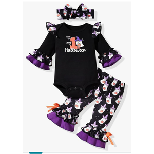 HINTINA Newborn Infant Baby Girl First Halloween Outfits Bodysuit Bell Bottom Pants Clothes Set With Headband