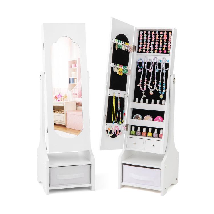 Freestanding Kids Jewelry Armoire Cabinet with Storage and 2 Tilt Angles-White