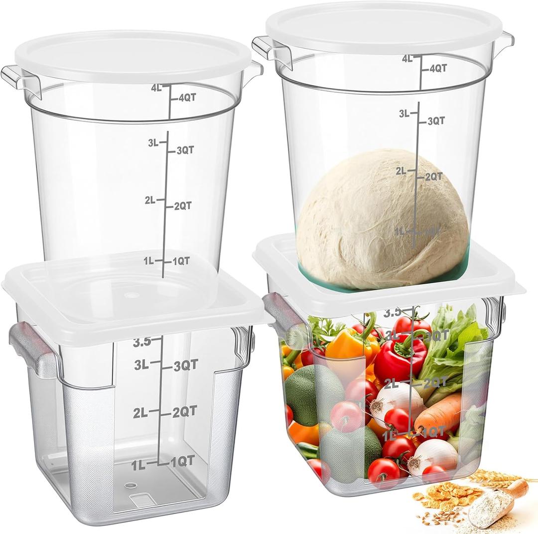4 Pcs Food Storage Container with Lids Set 4 Qt Square and Round Clear PC Commercial Containers with Scale Handle for Home Restaurant Kitchen Food Storage, Dough Rise, Flour(White)