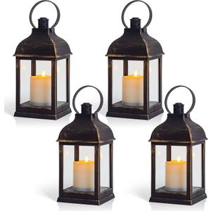 Vintage Lantern Decorative LED Flickering Flameless Candle with Timer, Battery Powered LED Decorative Hanging Golden Brushed Black Lanterns for Indoor Outdoor Garden Yard Home Decor (Pack of 4)