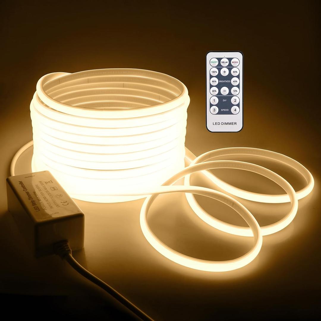 COB LED Rope Lights Outdoor Waterproof 82ft Warm White 3000K Led Strip Lights Waterproof AC 110V/120V Super Brightness Flex Cob Light for Patio Garden Building Commerical Dimmable with Remote