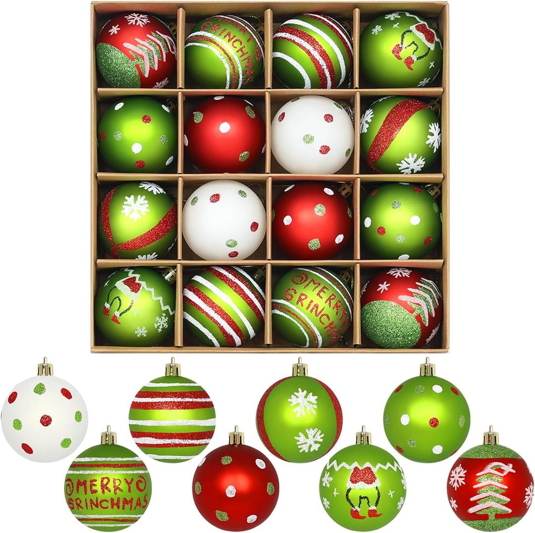 Set of 16 Christmas Tree Ornaments Decorations Balls 2.36'', Red and Green Glittery Christmas Hanging Balls Tree Decor Ornaments Indoor Decorations Shatterproof, Xmas Home Holiday Decor Presents