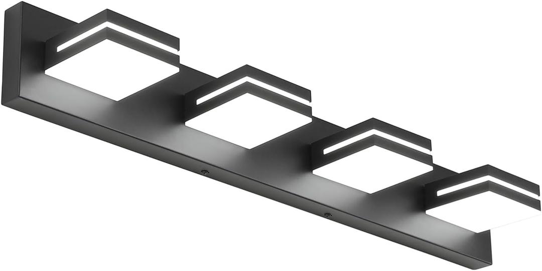 SineRise LED Modern Bathroom Vanity Light Fixtures (4-Light, 30-Inch, Dimmable), Matte Black Modern Acrylic Bathroom Wall Lighting Fixtures Over Mirror (Cool White 6000K)