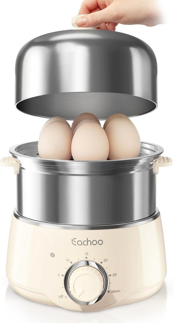 Hard Boiled Egg Cooker - CACHOO 14-Egg Rapid Stainless Steel Egg Boiler with 30-Min Timer & Auto Shut Off, Compact Electric Vegetable Steamer for Cooking, Dishwasher Safe, Beige (2-Tier)