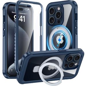 GUSTAVE Magnetic Stand for iPhone 15 Pro Case [Fit for Magsafe] [Built-in 9H Tempered Glass Screen Protector] Full-Body Shockproof Military-Grade Protective Case Blue