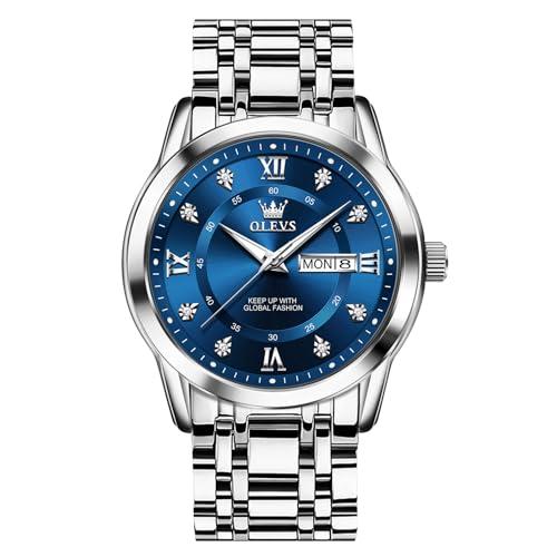 OLEVS Silver Watches for Men Blue Face Classic Stainless Steel Analog Quartz Men's Dress Watch with Date Day Large Luxury Roman Numerals Diamond Mens Wristwatch Waterproof Reloj para Hombre