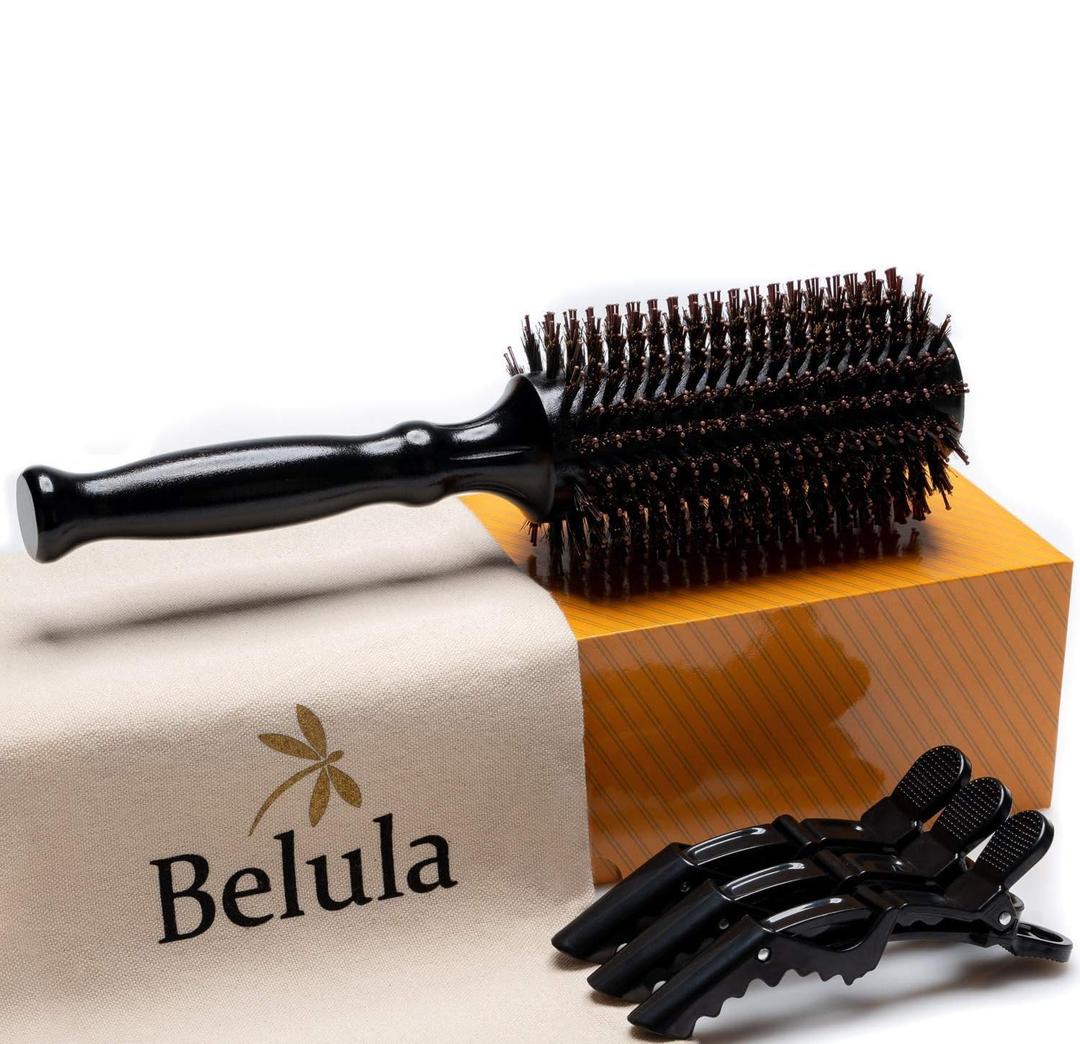 Belula Boar Bristle Round Brush for Blow Drying Set. Round Hair Brush With Large 2.7 Wooden Barrel. Hairbrush Ideal to Add Volume and Body. Free 3 x Hair Clips & Travel Bag.