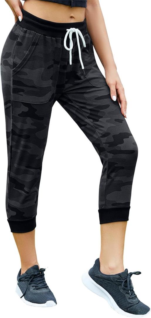 SPECIALMAGIC Women's Sweatpants Capri Pants Cropped Jogger Running Pants Lounge Loose Fit Drawstring Waist with Side Pockets (X-Large, Camo Black)
