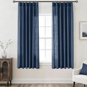 Navy Blue Linen Pleated Curtains 63 Inch Length 2 Panels for Living Room Pinch Pleat Semi Sheer Drapes Light Filtering Window Treatments with Hooks Lightweight for Bedroom Elegant Country Decor 40x63