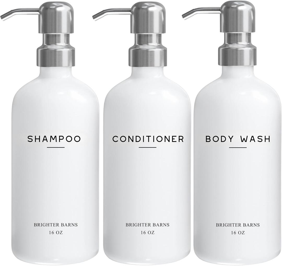 White Shampoo and Conditioner Dispenser Set by Brighter Barns - Shower Dispenser for Bathroom - Refillable Plastic Shampoo Bottle & Stainless Steel Pump - Shampoo Dispenser for Vacation Rental (White) (Silver)