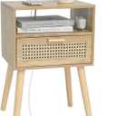 MaxSmeo Bedside Table, Small Nightstand with Charging Station, Rattan Side Table Wood End Table for Living Room, Bedroom and Small Spaces, Mid Century Modern Nightstand, Easy Assembly (Natural)
