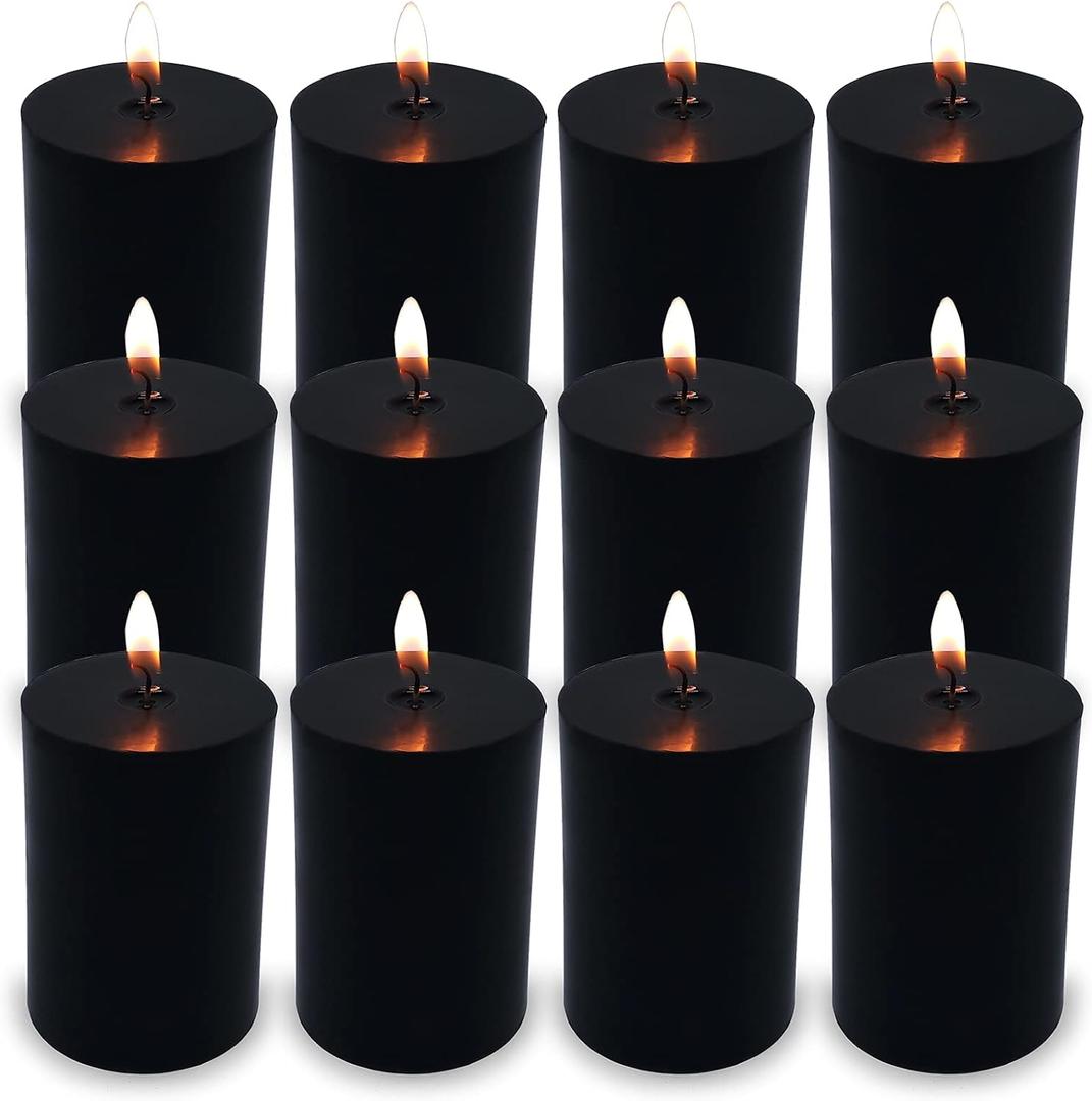 2"x3" Black Pillar Candles, Set of 12 Handmade Pillar Candles Bulk, Large Pillar Candle, Dripless Pillar Candles for Weddings, Parties, Halloween, Church, Home Décor