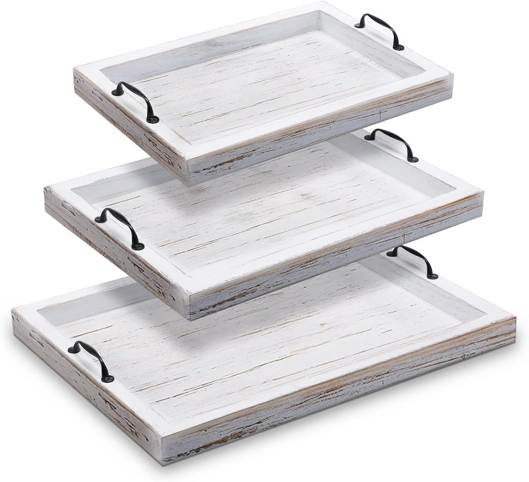3 Pieces Rustic Wooden Serving Trays with Handles Farmhouse Food Serving Trays Vintage Wooden Food Trays Platters Nesting Decorative Trays for Coffee Table Party Kitchen Decoration