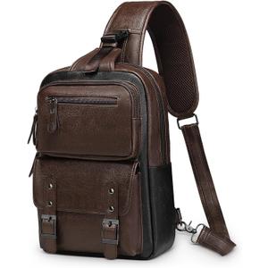 Vintage PU Leather Sling Backpack, Crossbody Shoulder Bag with Adjustable Strap, Multi-Pocket Compact Travel Chest Bag for Daily Use, Dark Brown