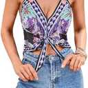 BEAUDRM Women's Floral Print Boho Backless Halter Top Hippie Sleeveless Tie Front Cami Crop Tops Country Festival Outfits Size S