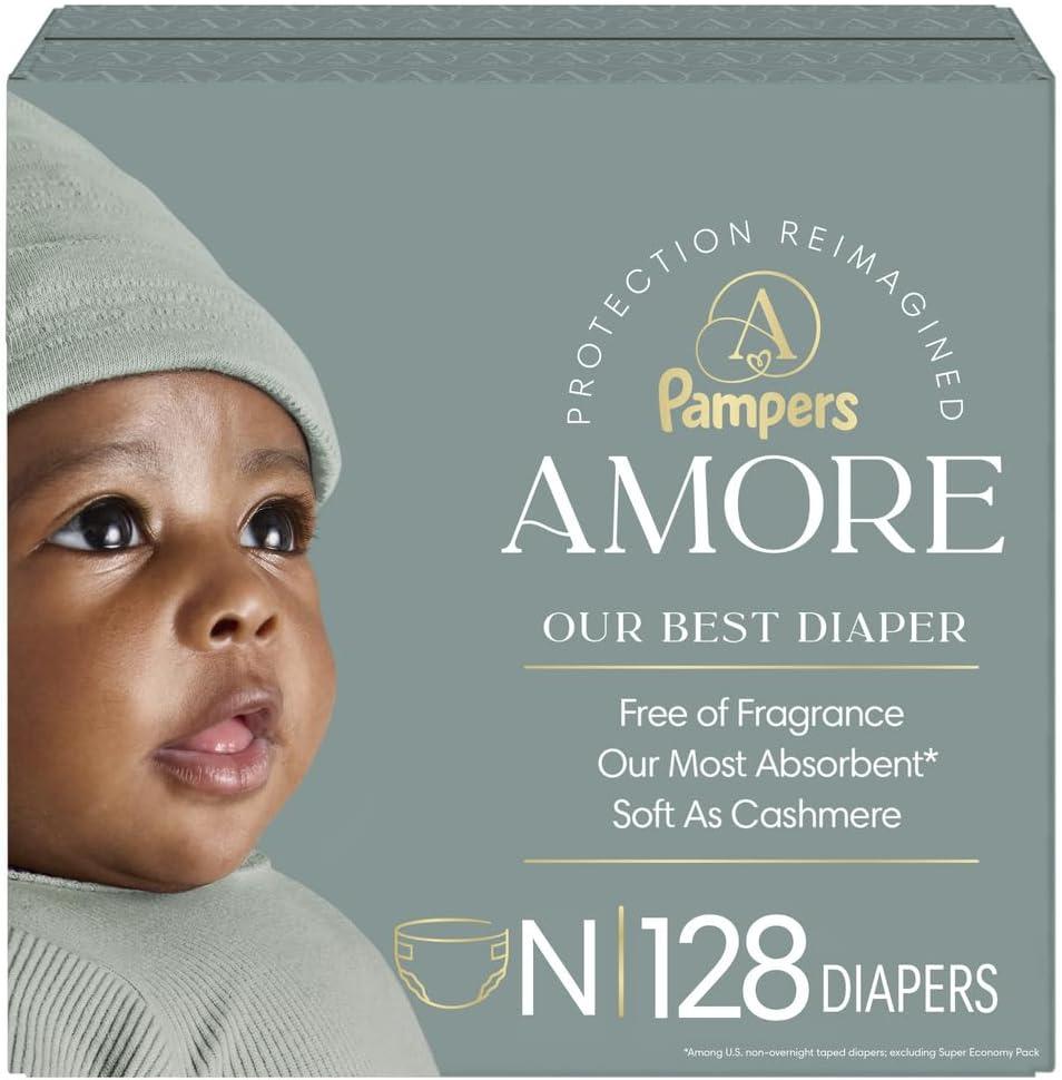 Pampers Amore, Size 0 (up to 10 lbs), 128 Count, Our Best Diaper – Hypoallergenic & Fragrance Free, Up to 100% Leakproof, Soft as Cashmere