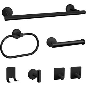 7 PCS Bathroom Hardware Set, Matte Black Stainless Steel Bathroom Tower Rack Set Wall Mounted Includes 16" Towel Bar, Toilet Towel Paper Holder, Towel Ring, 4 Robe Towel Hooks