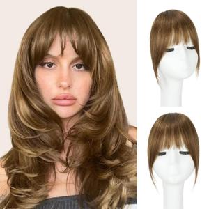 Clip in Bangs, 100% Human Hair French Fringe with Temples for Women Honey Light Brown Clip on Fake Bangs Hairpiece Seamless Blend for Daily Wear