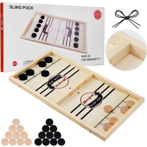 Fast Sling Puck Game - Fast Action Super Foosball Table Desktop Battle Slingshot Wooden Air Hockey Board Game - Fun for Family Game Night or Friends Party (Medium)