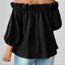 OYOANGLE Women's Plus Size Off Shoulder Blouse Bow Tops Lantern Sleeve Frill Trim Flared Shirts, 4XL