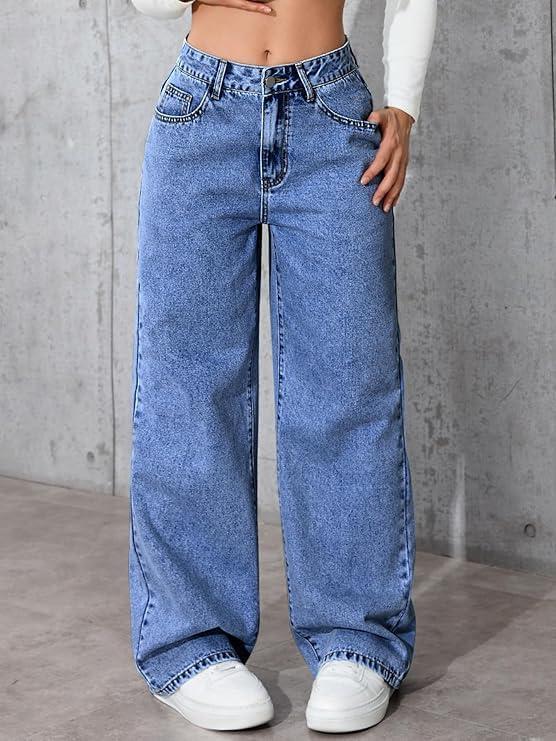 Women's High Waisted Straight Leg Jeans – Relaxed Fit Long Denim Pants for Casual Everyday Wear (Medium Blue,Large)