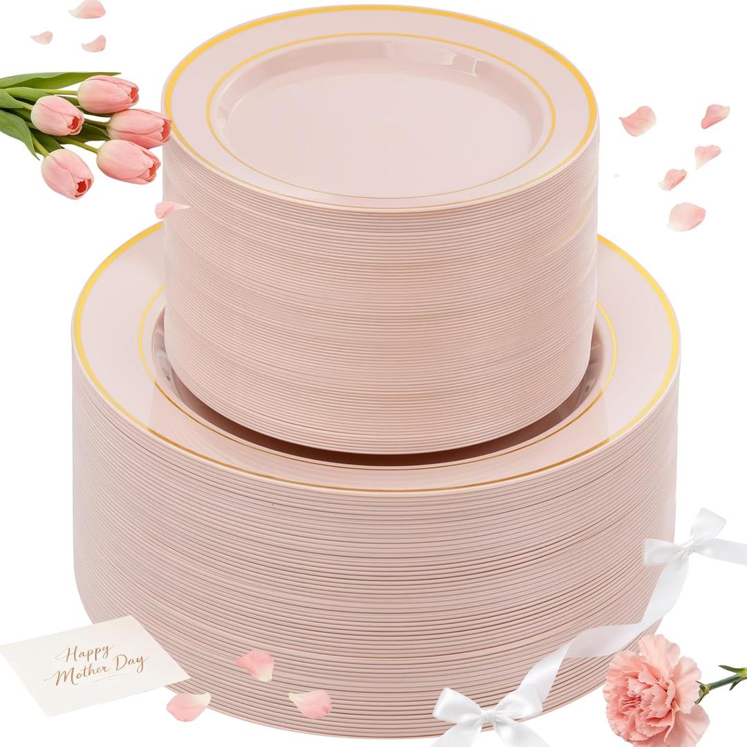 NOCCUR 200PCS Pink Plastic Plates for 100 Guests - Include 100PCS 10" Dinner/ 100PCS 7" Dessert Plastic Plates Heavy Duty - Ideal for Wedding/Party/Mother's Day