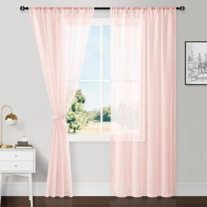 Hiasan Sheer Curtains 84 Inches Long with Tiebacks, Light Filtering Semi Transparent Lightweight Voile Rod Pocket Window Curtains for Bedroom, Living Room, W52 x L84, Blush Pink, Set of 2 Panels