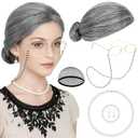 PLULON 7Pcs Grandma Wig Old Lady Costume Set, Gray Funny Wig with Cap Granny Accessories for Crazy Hair Day Cosplay Costume Halloween Fun Cosplay Party Supplies