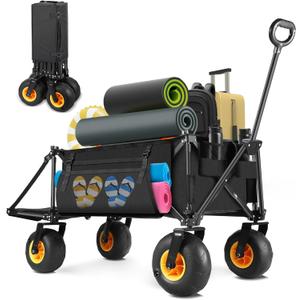 Outdoor Wagon with Inflatable All-Terrain Big Wheels,220 LBS Heavy Duty Folding Beach Wagon with Extra Long Extender,Grocery Cart with Cup Holders and Pocket for Groceries, Garden & Camping