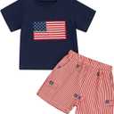 4th Of July Toddler Baby Boy Outfit American Flag T Shirt Top Shorts 2Pcs Set Kids Boys Summer Patriotic Clothes (B Usa Flag Navy Blue, 3-4Y)