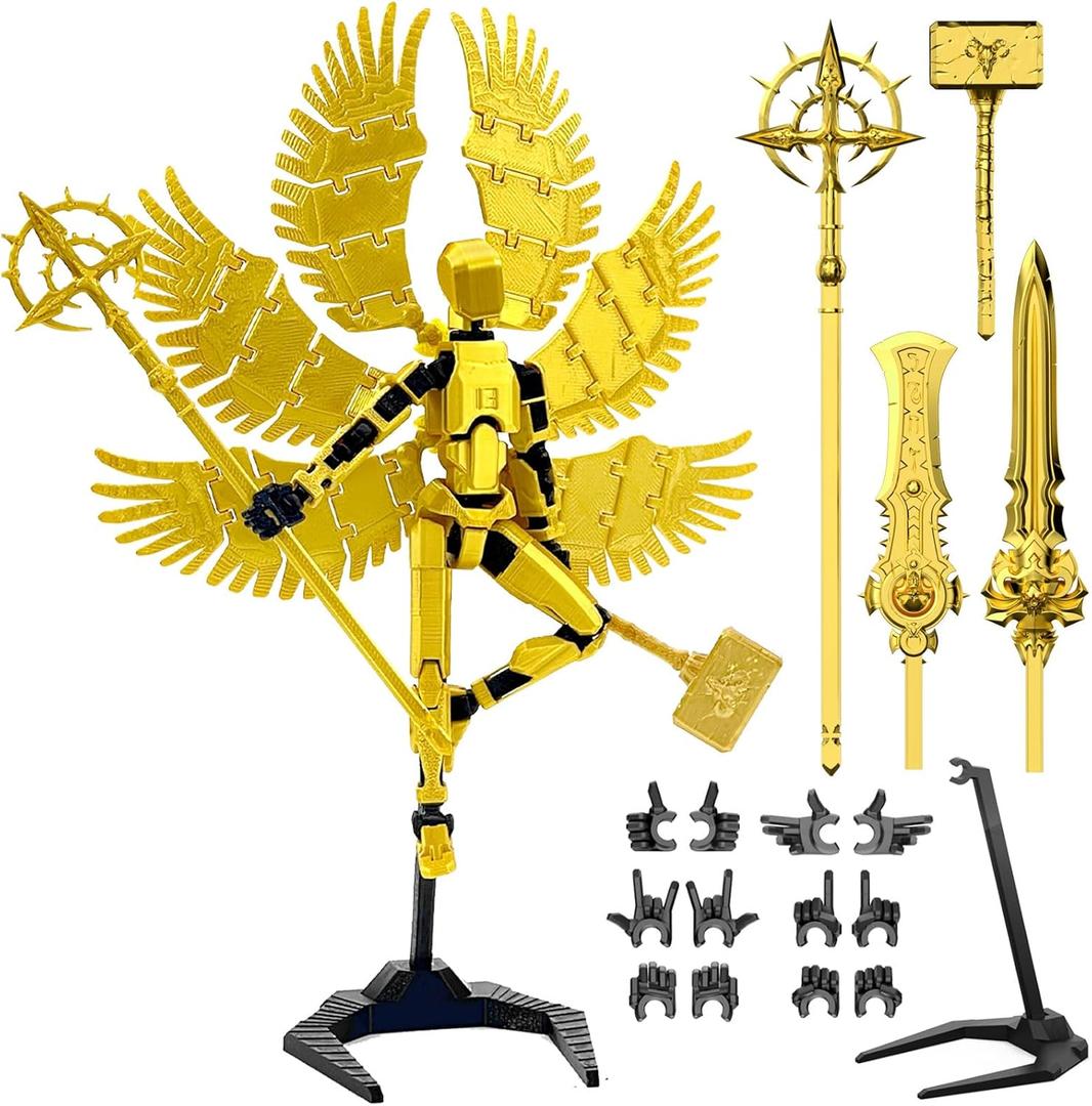 T13 Titan 13 Action Figure Already Assembled, Devil Wings Action Figure 3D Printed Action Figures Set, T 13 Dummy Robo 13, Lucky 13, Dummy Gift for Collectors Desktop Decorations (Golden Angel)