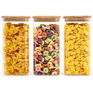 Glass Food Storage Jars Square 51oz, 3 Pack Glass Jars With Bamboo Lids, Kitchen Storage Containers For Spice, Candy, Cookie, Storage For Pantry Organizers