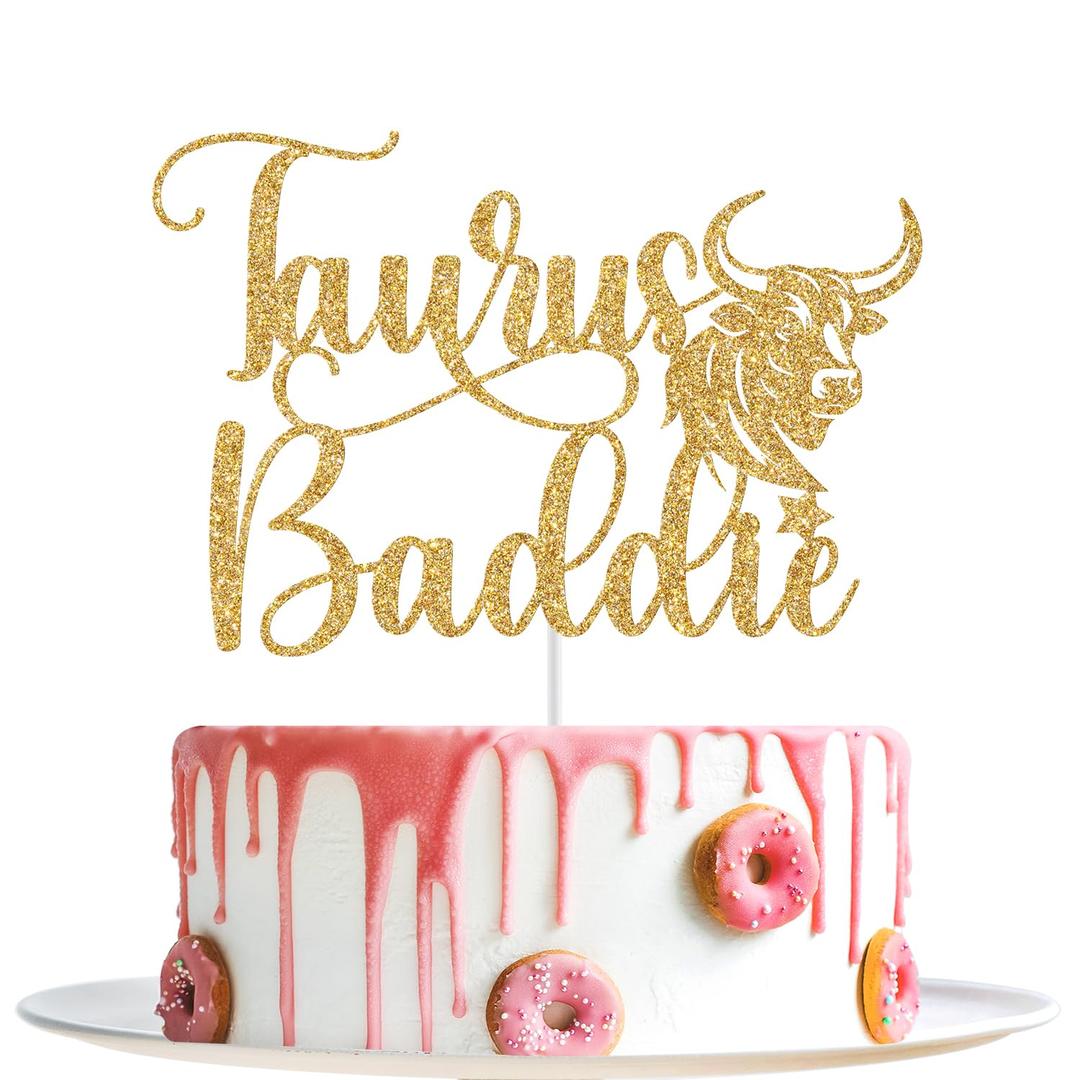 2 x Taurus Baddie Cake Topper, Taurus Birthday Cake Topper, April May Birthday Decorations, Constellation Party Decor, Zodiac Horoscope Bday Party Decorations Gold Glitter