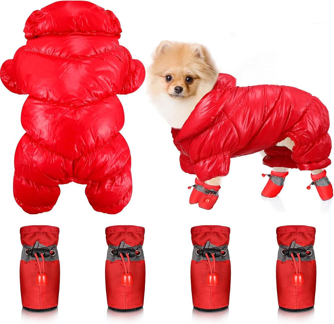 Winter Puppy Warm Coat and Shoes Set Dog Snow Jacket Waterproof Pet Snowsuit Full Body Puffer Jacket Vest Boots Paw Protectors with Reflective Strap for Small Dog Puppy Outdoors Walking